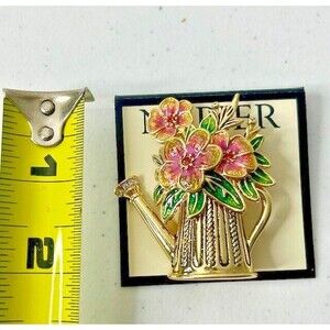 Napier Brooch Pin Watering Can Flowers Gardener Gold Tone Rhinestone Enamel NEW